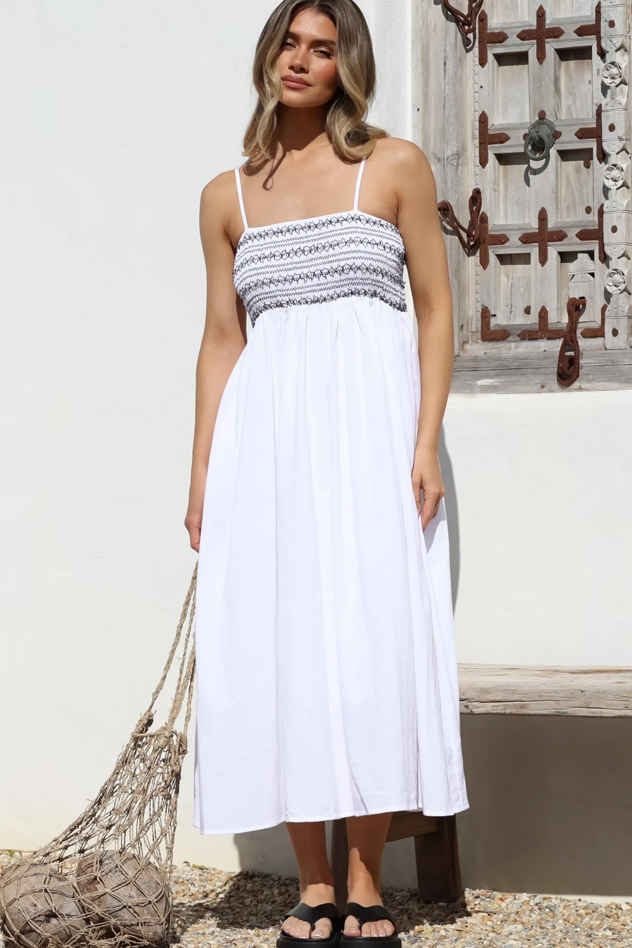 Asha Midi Dress - Constrast Stitch Shirred Elasticated Bodice Sun Dress in White>Salty Crush New