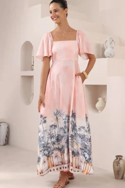 Ashby Maxi Dress - On or Off Shoulder A-Line Dress with Pockets in Armena Print>Salty Crush Outlet