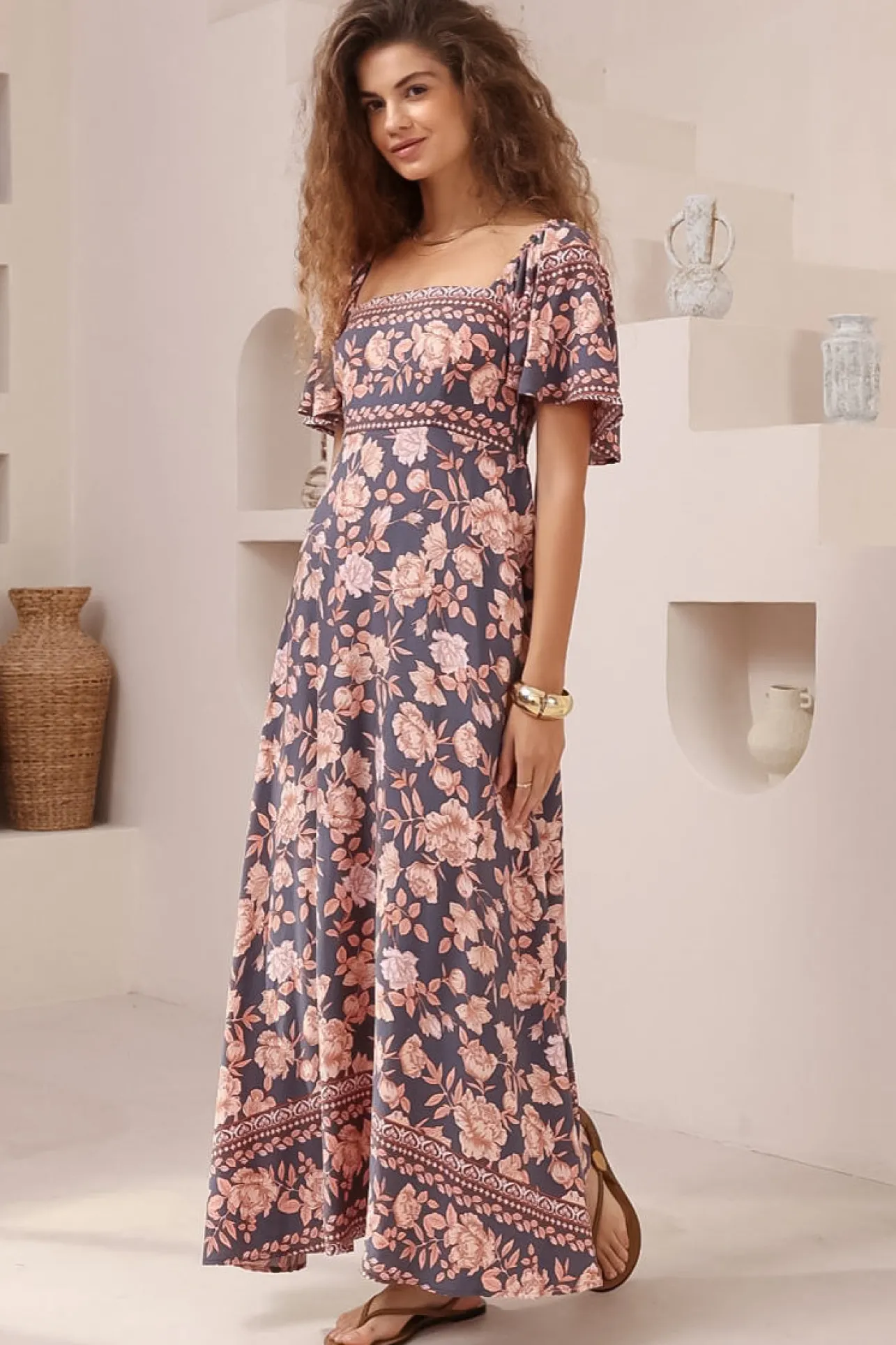 Ashby Maxi Dress - On or Off Shoulder A-Line Dress with Pockets in Leandra Print>Salty Crush Hot