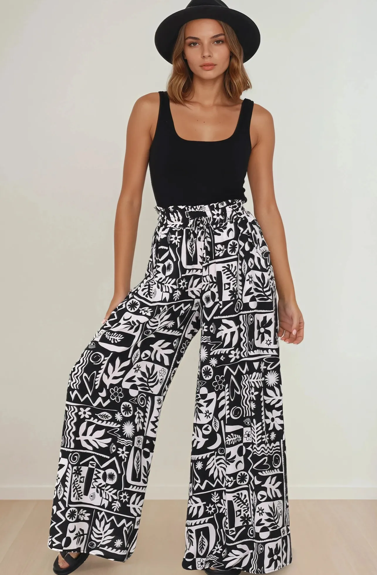 Ashora Pants - Paper Bag High Waisted Wide Leg Pants with Black & White Graphic Print>Salty Crush Sale