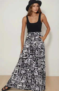 Ashora Pants - Paper Bag High Waisted Wide Leg Pants with Black & White Graphic Print><noscript><img width=