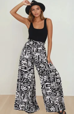 Ashora Pants - Paper Bag High Waisted Wide Leg Pants with Black & White Graphic Print><noscript><img width=