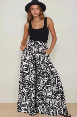 Ashora Pants - Paper Bag High Waisted Wide Leg Pants with Black & White Graphic Print><noscript><img width=