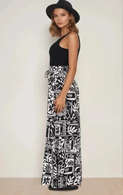 Ashora Pants - Paper Bag High Waisted Wide Leg Pants with Black & White Graphic Print><noscript><img width=