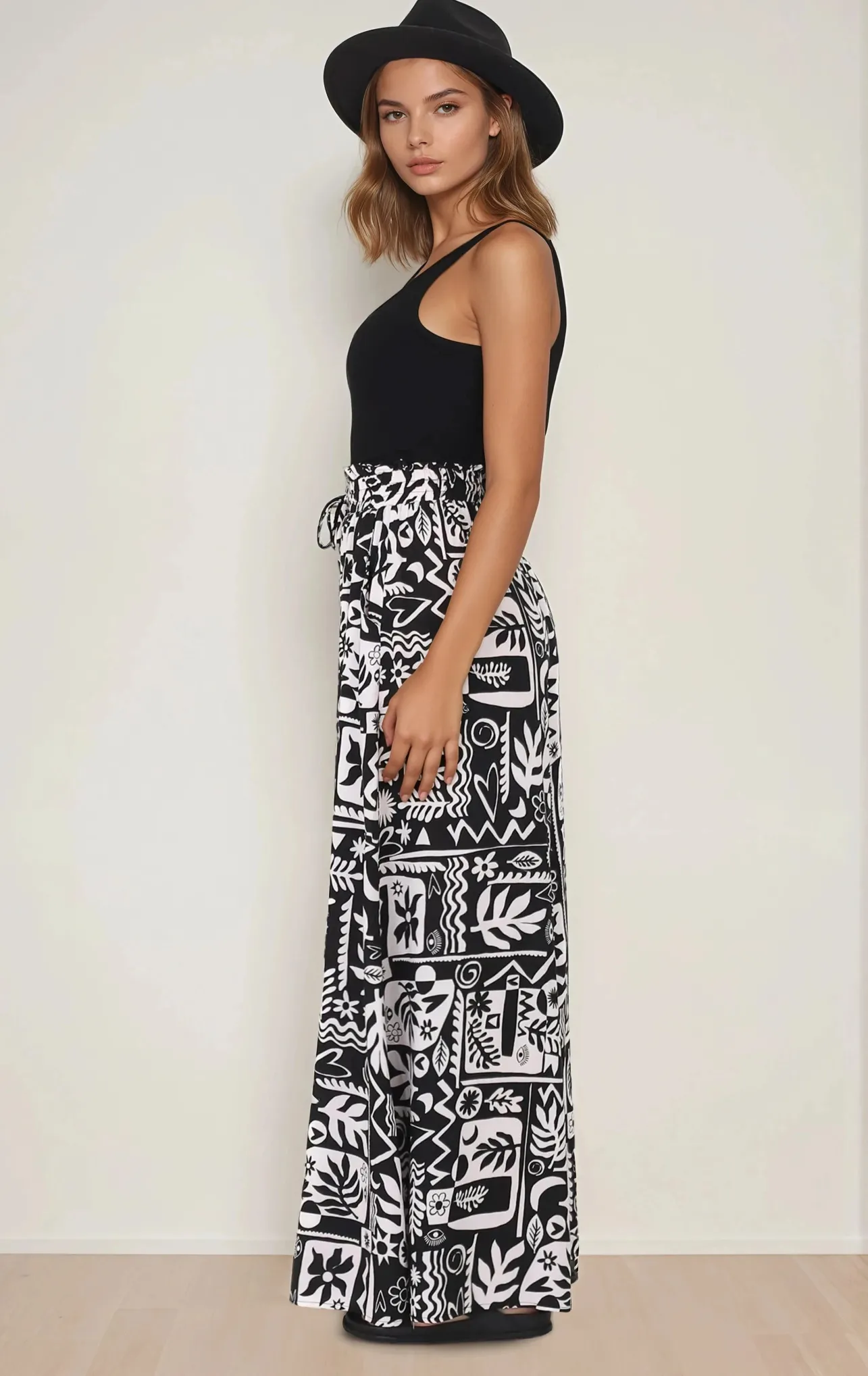 Ashora Pants - Paper Bag High Waisted Wide Leg Pants with Black & White Graphic Print>Salty Crush Sale