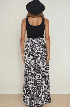 Ashora Pants - Paper Bag High Waisted Wide Leg Pants with Black & White Graphic Print><noscript><img width=