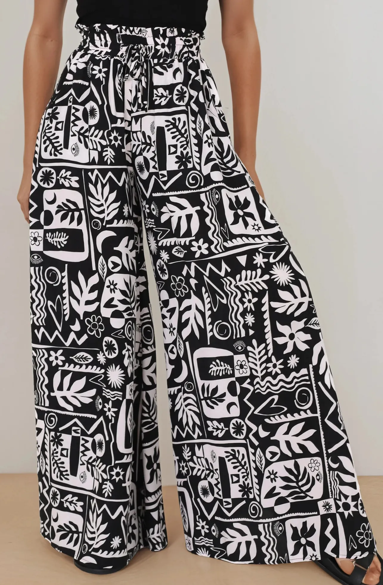 Ashora Pants - Paper Bag High Waisted Wide Leg Pants with Black & White Graphic Print>Salty Crush Sale