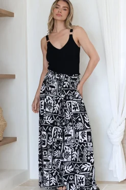Ashora Pants - Paper Bag High Waisted Wide Leg Pants with Black & White Graphic Print><noscript><img width=