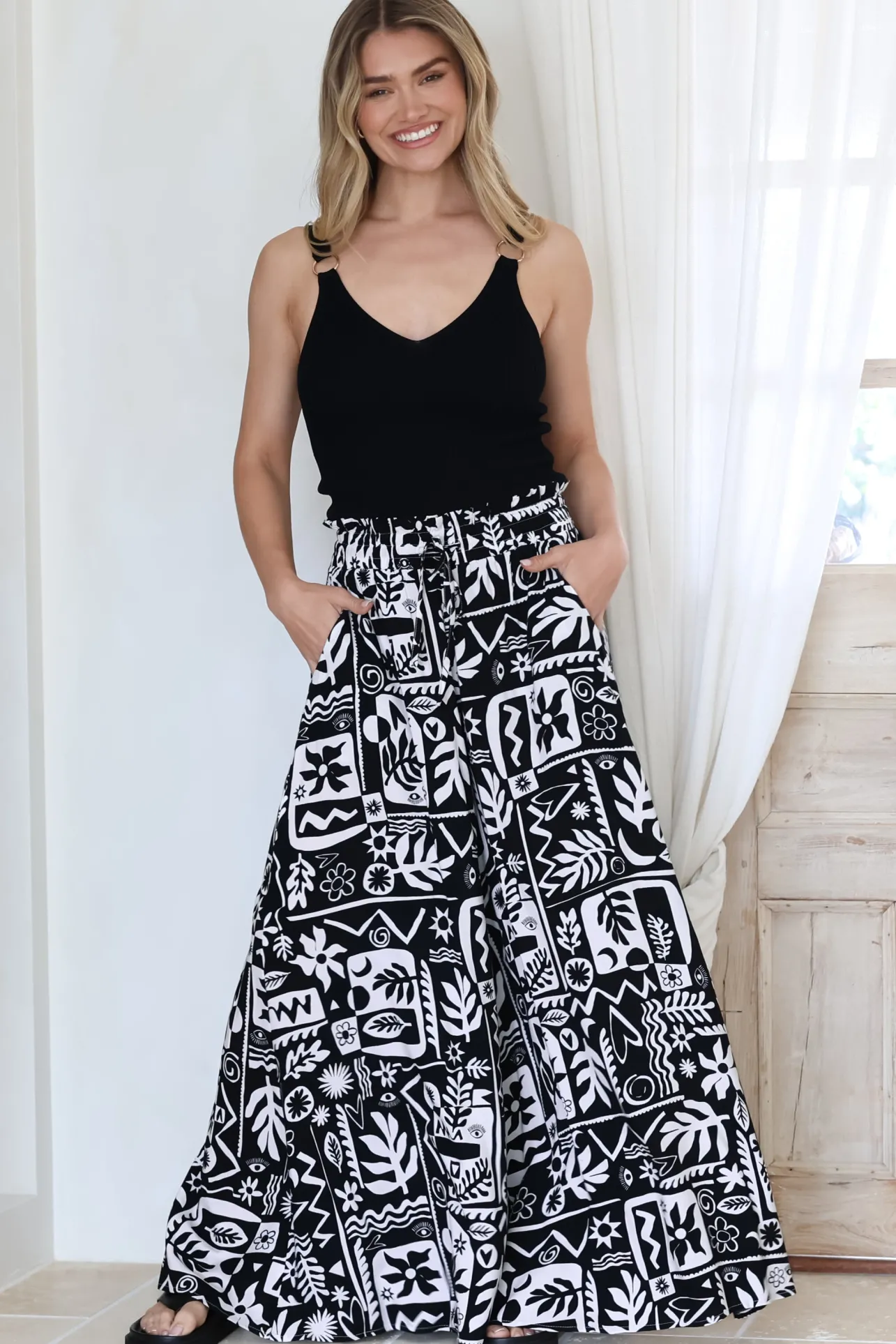 Ashora Pants - Paper Bag High Waisted Wide Leg Pants with Black & White Graphic Print>Salty Crush Sale
