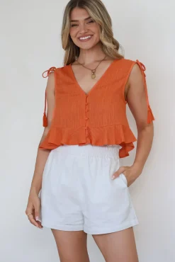 Ashtann Top - V-Neck Buttoned Down Top with Peplum Hem in Orange>Salty Crush
