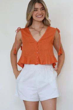 Ashtann Top - V-Neck Buttoned Down Top with Peplum Hem in Orange>Salty Crush