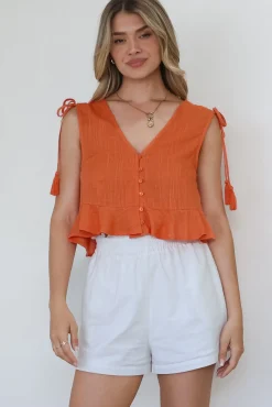 Ashtann Top - V-Neck Buttoned Down Top with Peplum Hem in Orange><noscript><img width=