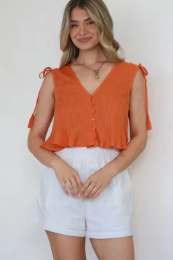 Ashtann Top - V-Neck Buttoned Down Top with Peplum Hem in Orange><noscript><img width=