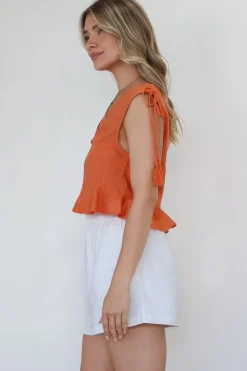 Ashtann Top - V-Neck Buttoned Down Top with Peplum Hem in Orange><noscript><img width=
