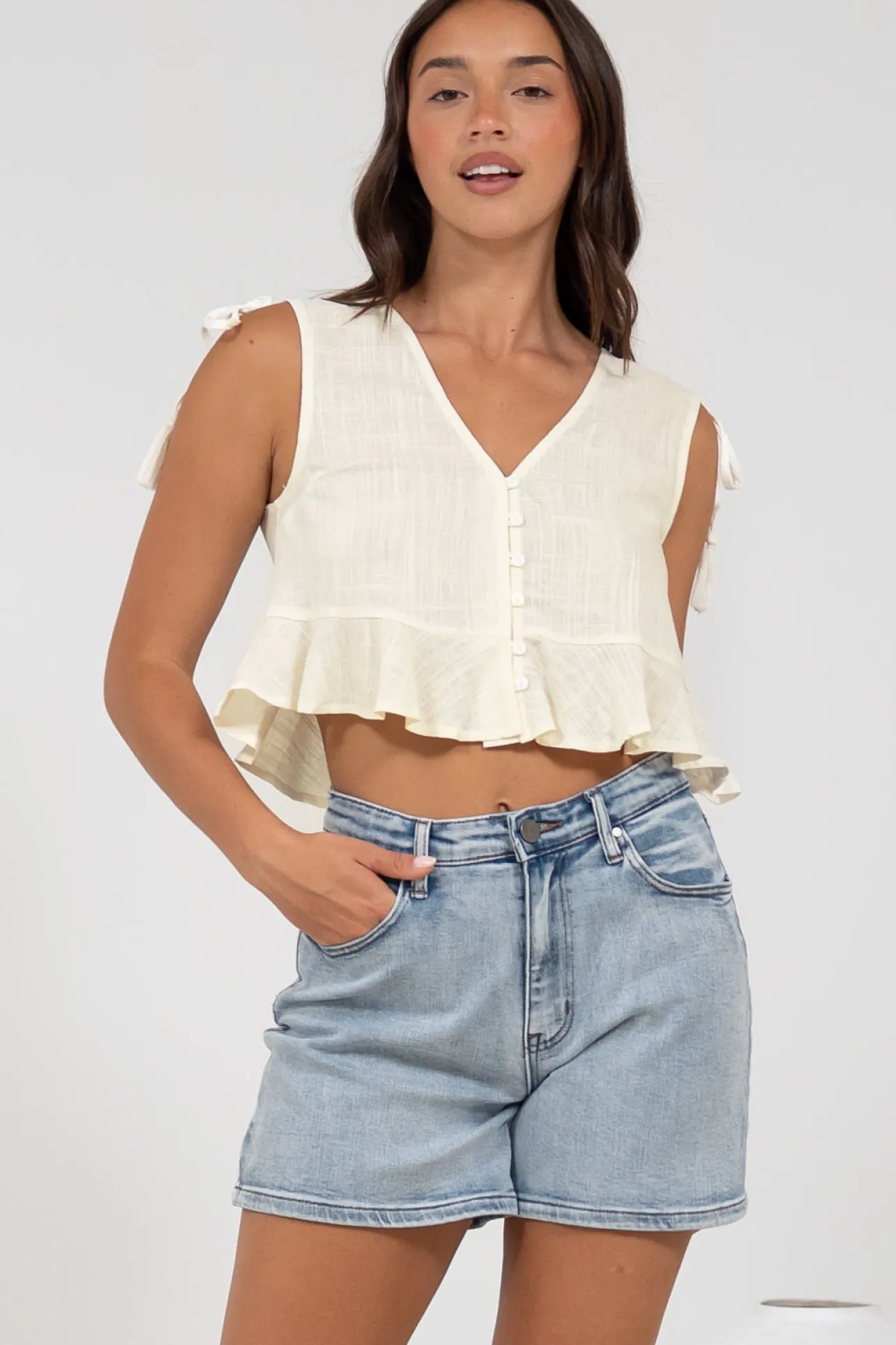 Ashtann Top - V-Neck Buttoned Down Top with Peplum Hem in White>Salty Crush Online