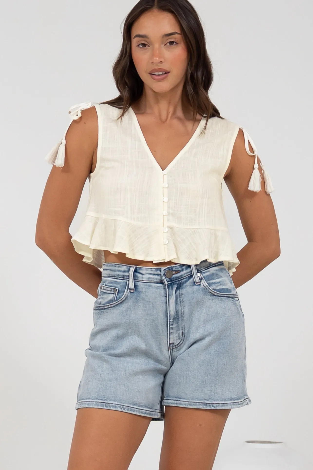 Ashtann Top - V-Neck Buttoned Down Top with Peplum Hem in White>Salty Crush Online