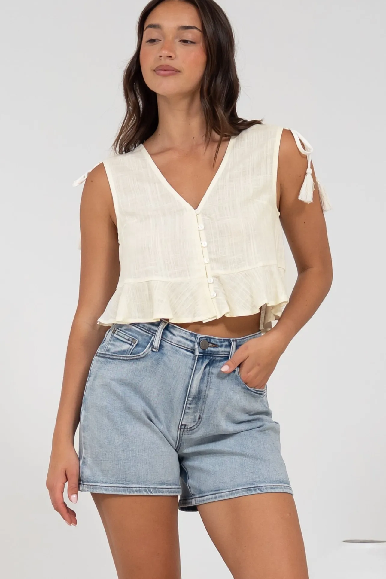 Ashtann Top - V-Neck Buttoned Down Top with Peplum Hem in White>Salty Crush Online