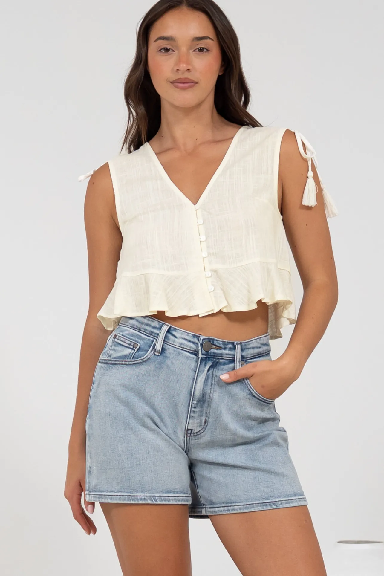 Ashtann Top - V-Neck Buttoned Down Top with Peplum Hem in White>Salty Crush Online