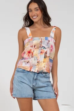 Aspa Top - Thick Adjustable Strap Button Front Crop in Ailani Print>Salty Crush New