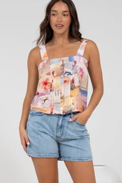 Aspa Top - Thick Adjustable Strap Button Front Crop in Ailani Print><noscript><img width=