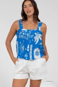 Aspa Top - Thick Adjustable Strap Button Front Crop in Aurie Print>Salty Crush Discount