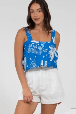 Aspa Top - Thick Adjustable Strap Button Front Crop in Aurie Print>Salty Crush Discount