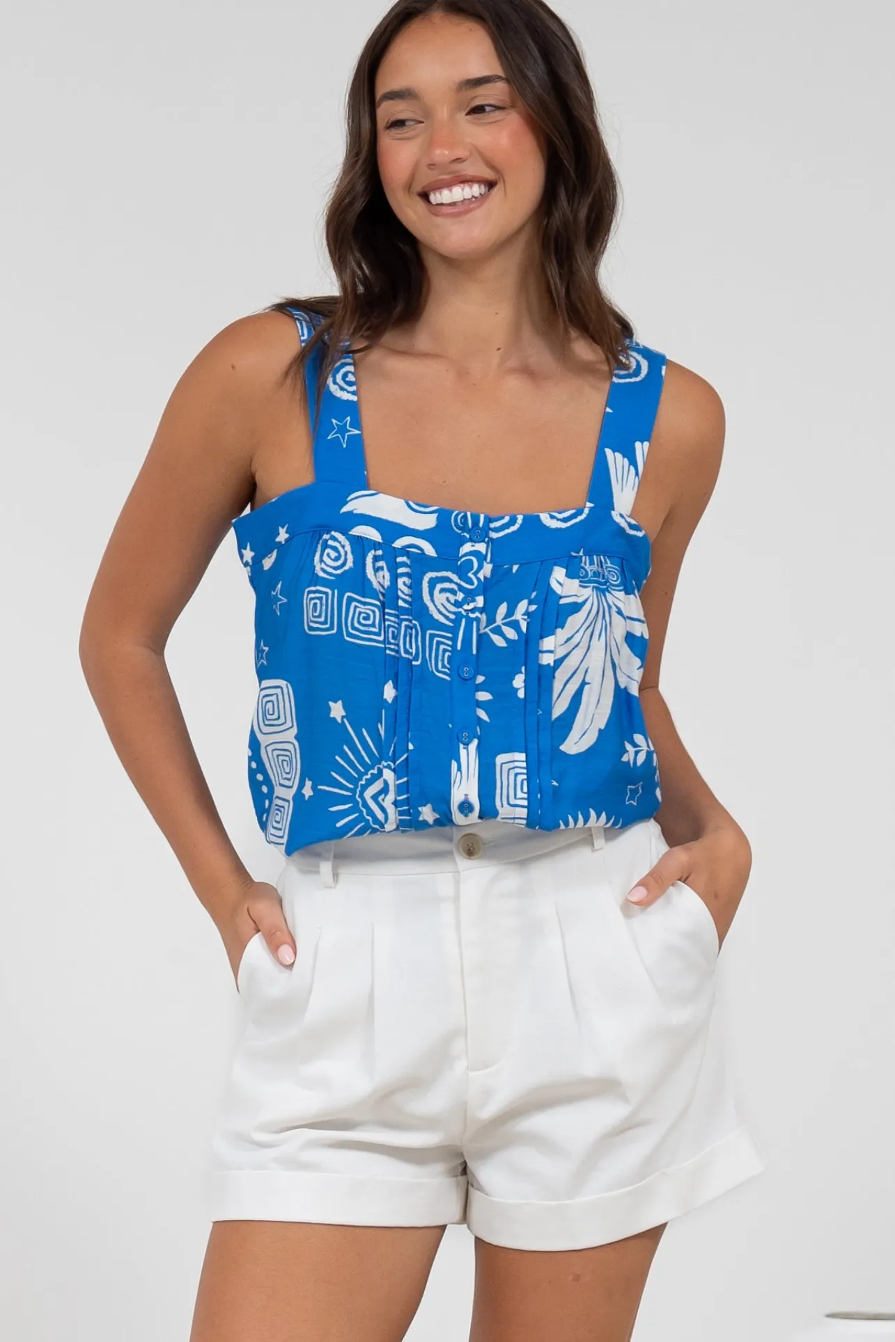 Aspa Top - Thick Adjustable Strap Button Front Crop in Aurie Print>Salty Crush Discount