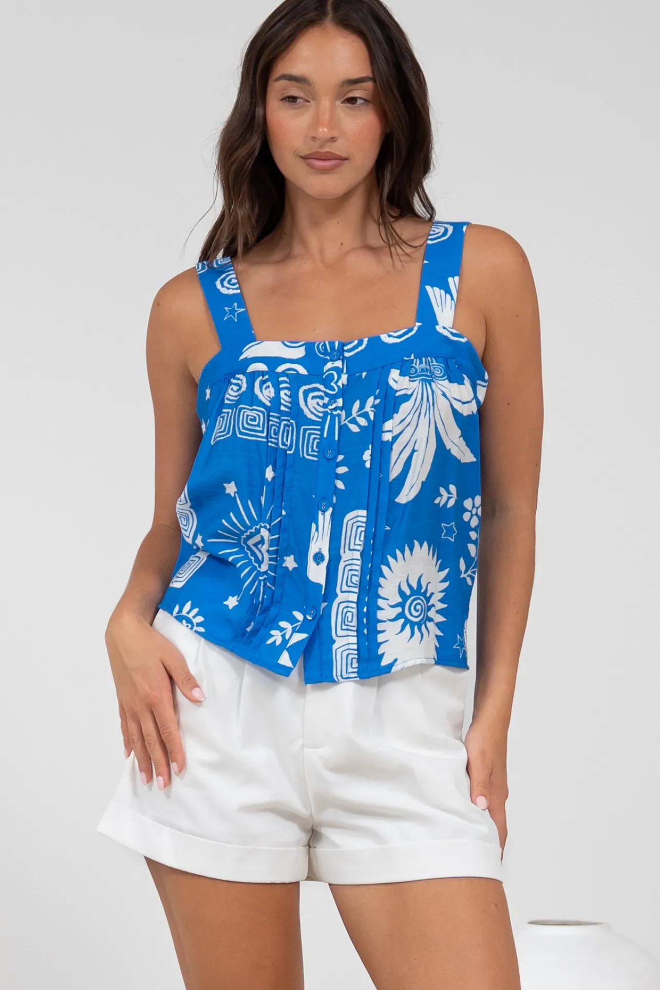 Aspa Top - Thick Adjustable Strap Button Front Crop in Aurie Print>Salty Crush Discount