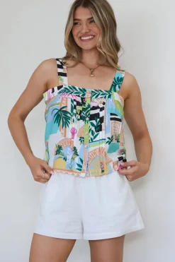 Aspa Top - Thick Adjustable Strap Button Front Crop in Melora Print>Salty Crush Online