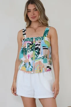 Aspa Top - Thick Adjustable Strap Button Front Crop in Melora Print><noscript><img width=