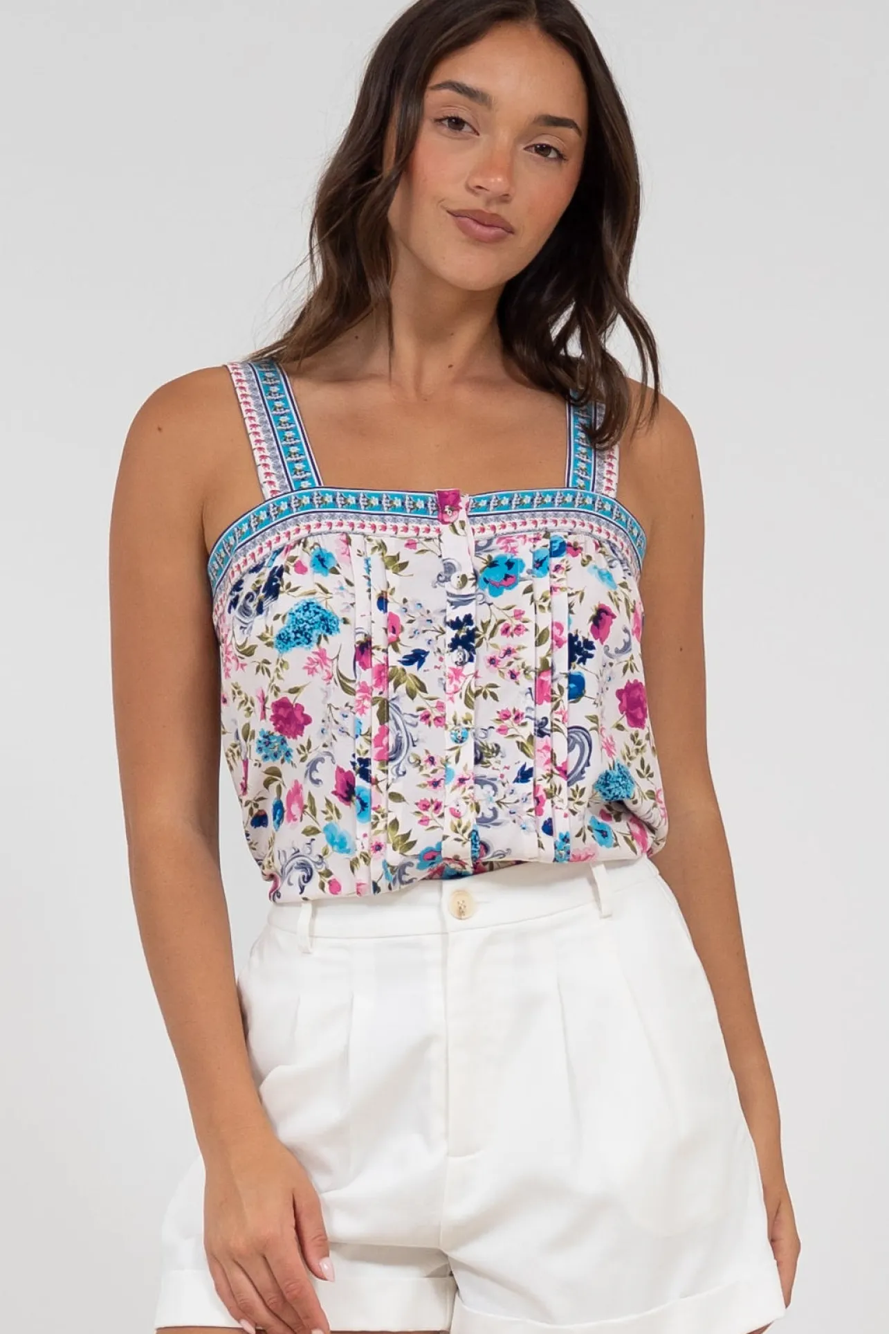 Aspa Top - Thick Adjustable Strap Button Front Crop in Gardner Print>Salty Crush Sale