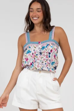Aspa Top - Thick Adjustable Strap Button Front Crop in Gardner Print><noscript><img width=