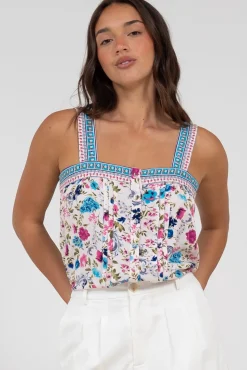 Aspa Top - Thick Adjustable Strap Button Front Crop in Gardner Print><noscript><img width=