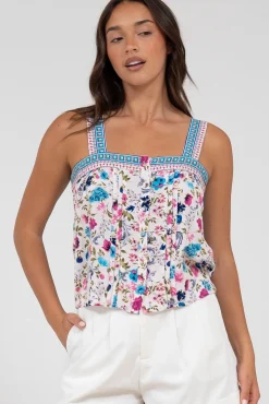 Aspa Top - Thick Adjustable Strap Button Front Crop in Gardner Print><noscript><img width=