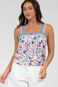 Aspa Top - Thick Adjustable Strap Button Front Crop in Gardner Print><noscript><img width=