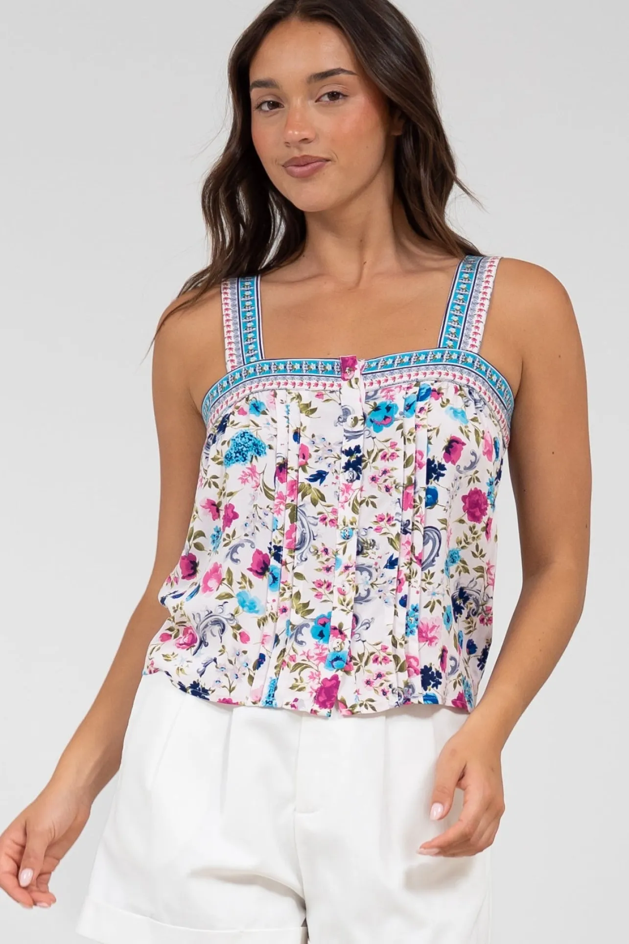Aspa Top - Thick Adjustable Strap Button Front Crop in Gardner Print>Salty Crush Sale
