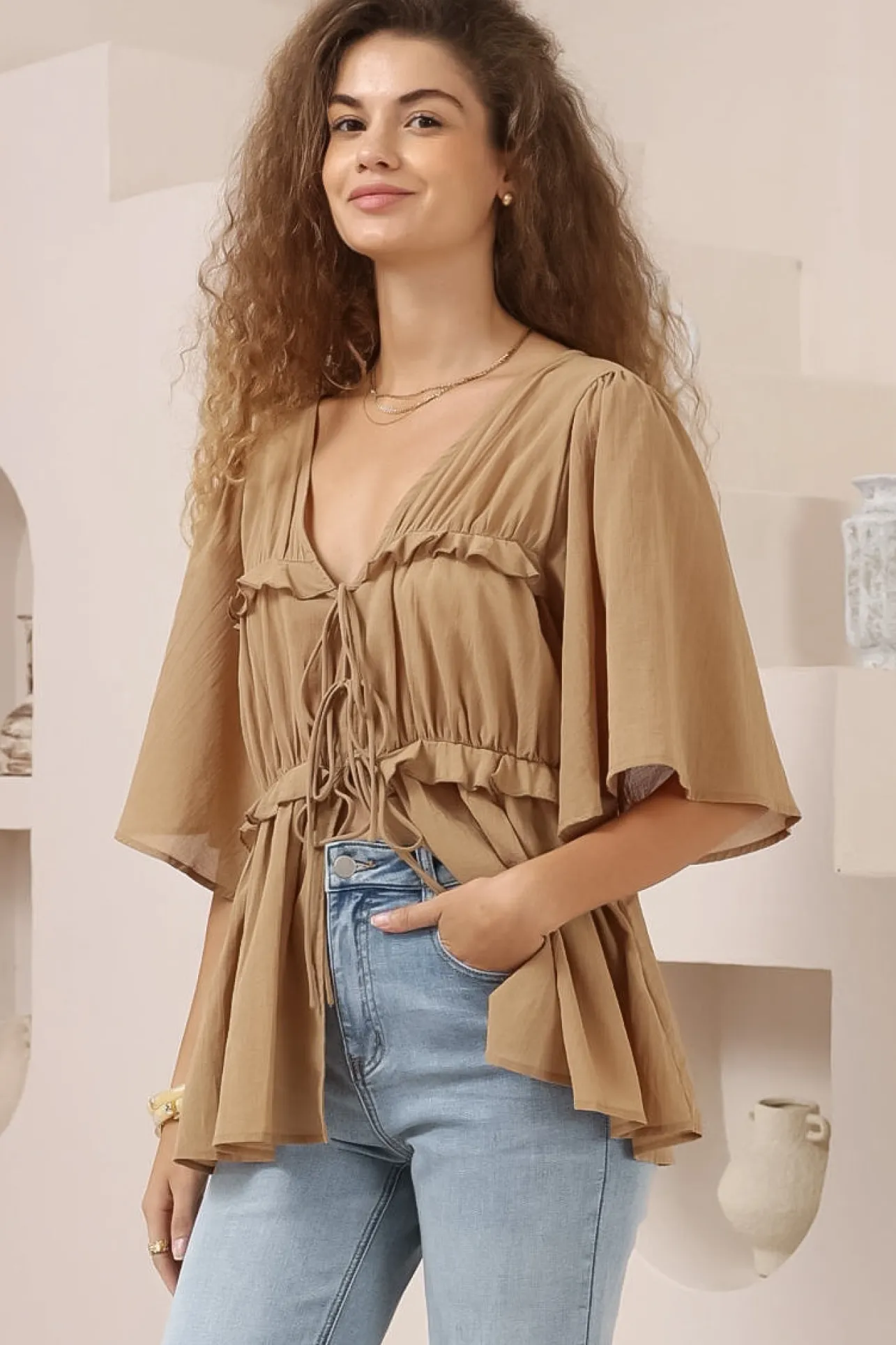 Aspen Top - Cotton Front Tie Up Top with Frill Splicing in Camel>Salty Crush Clearance