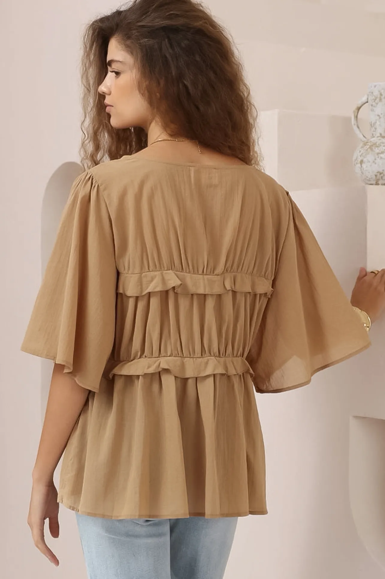 Aspen Top - Cotton Front Tie Up Top with Frill Splicing in Camel>Salty Crush Clearance