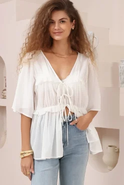 Aspen Top - Cotton Front Tie Up Top with Frill Splicing in White>Salty Crush Online