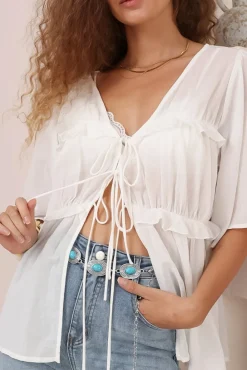 Aspen Top - Cotton Front Tie Up Top with Frill Splicing in White>Salty Crush Online