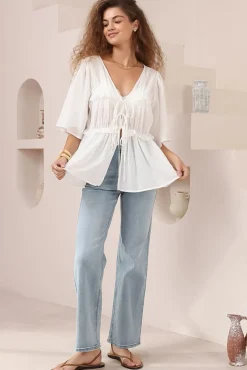 Aspen Top - Cotton Front Tie Up Top with Frill Splicing in White><noscript><img width=