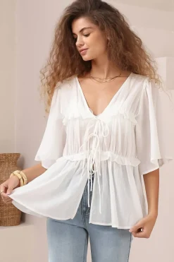 Aspen Top - Cotton Front Tie Up Top with Frill Splicing in White><noscript><img width=