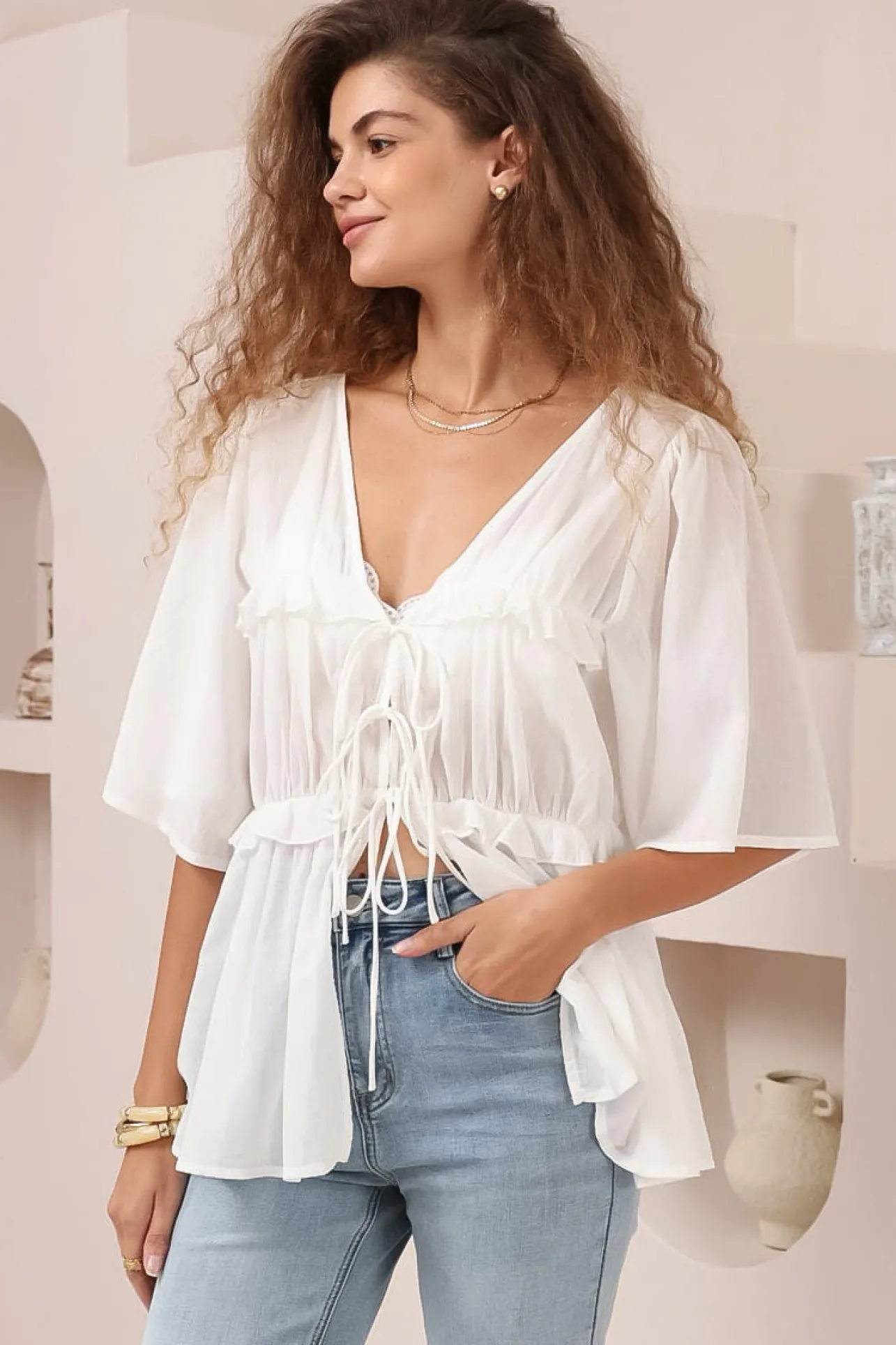 Aspen Top - Cotton Front Tie Up Top with Frill Splicing in White>Salty Crush Online