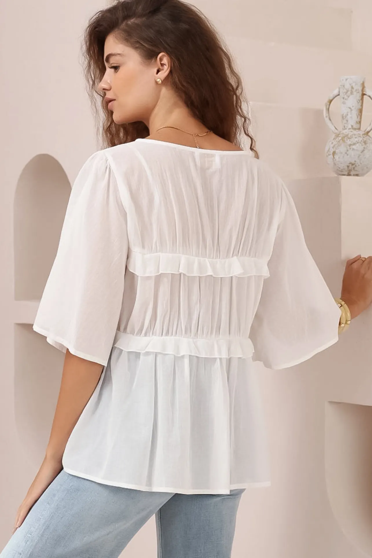 Aspen Top - Cotton Front Tie Up Top with Frill Splicing in White>Salty Crush Online