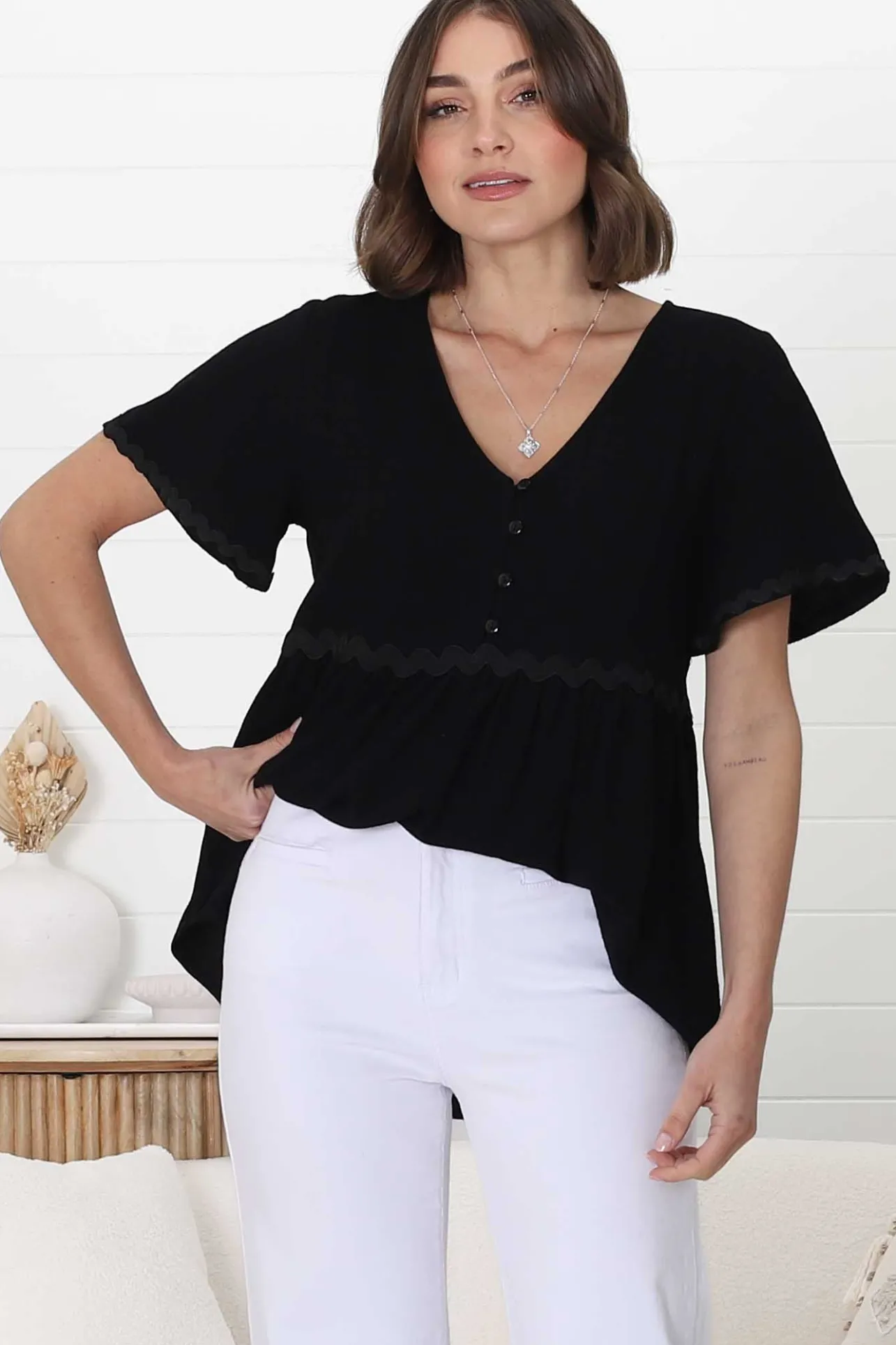 Aster Top - Pull Over Top with Rick Rack Detailing in Black>Salty Crush Discount