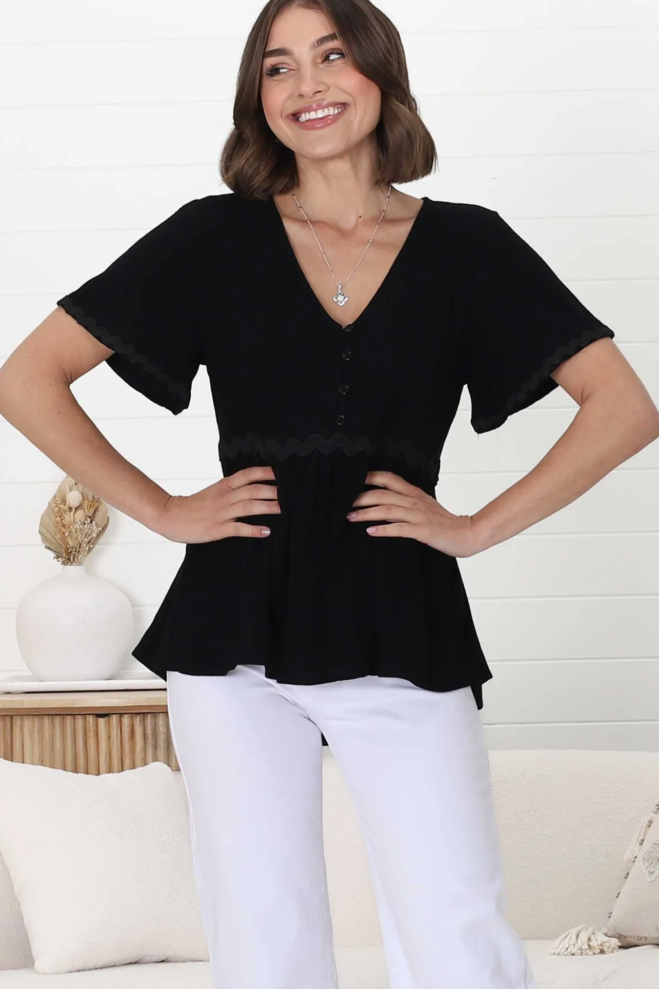 Aster Top - Pull Over Top with Rick Rack Detailing in Black>Salty Crush Discount