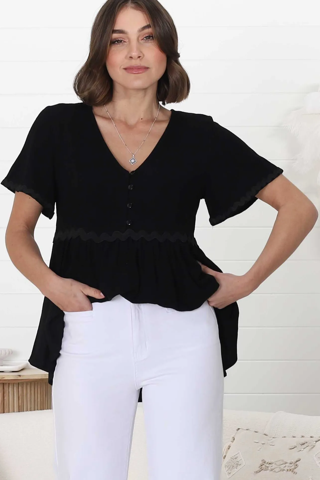Aster Top - Pull Over Top with Rick Rack Detailing in Black>Salty Crush Discount