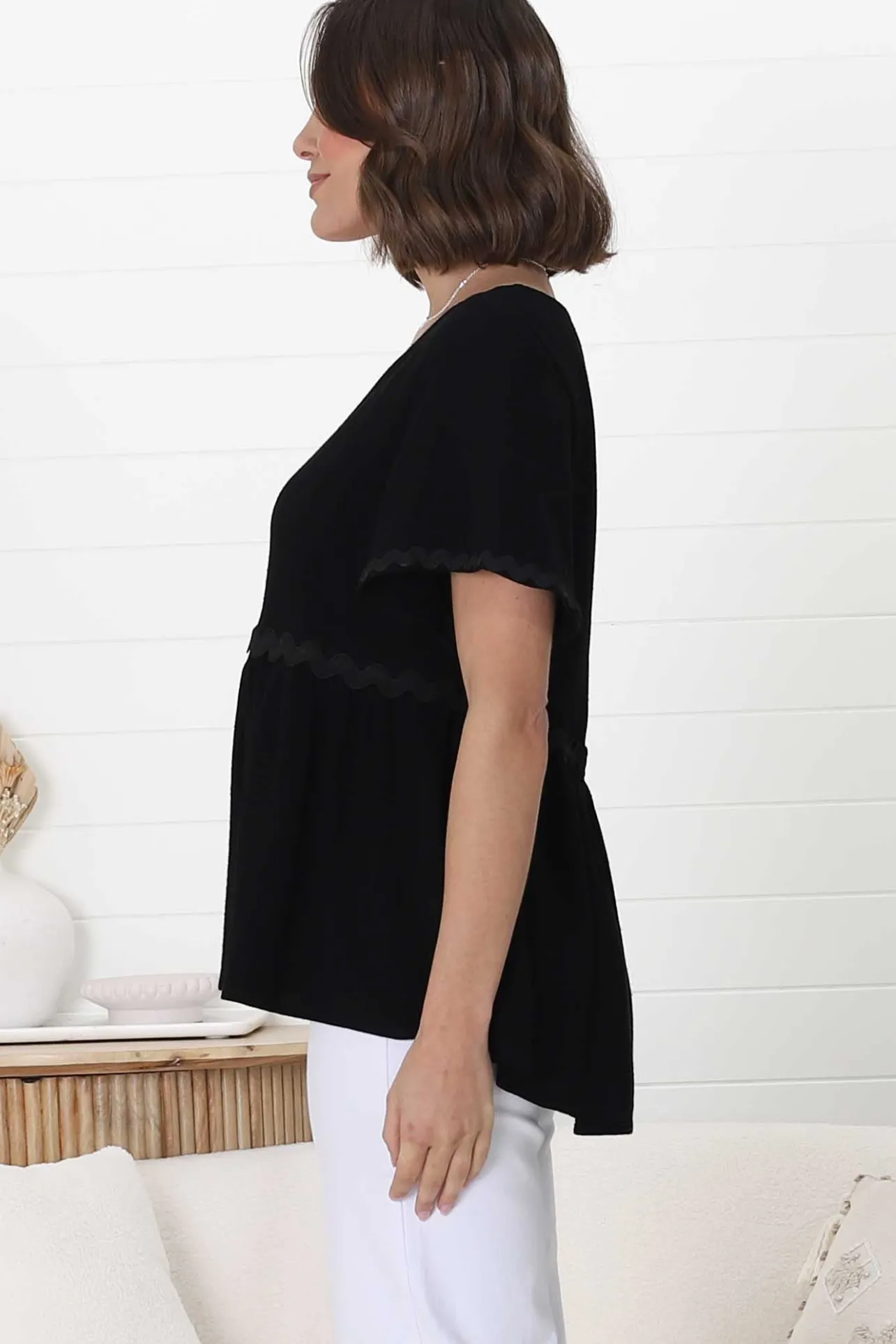Aster Top - Pull Over Top with Rick Rack Detailing in Black>Salty Crush Discount