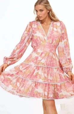 Audrey Mini Dress - Delicately Detailed Tiered A-Line Dress in Lola Print Pink><noscript><img width=