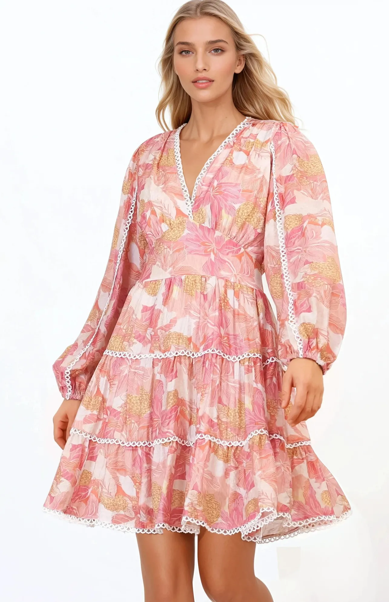 Audrey Mini Dress - Delicately Detailed Tiered A-Line Dress in Lola Print Pink>Salty Crush Hot